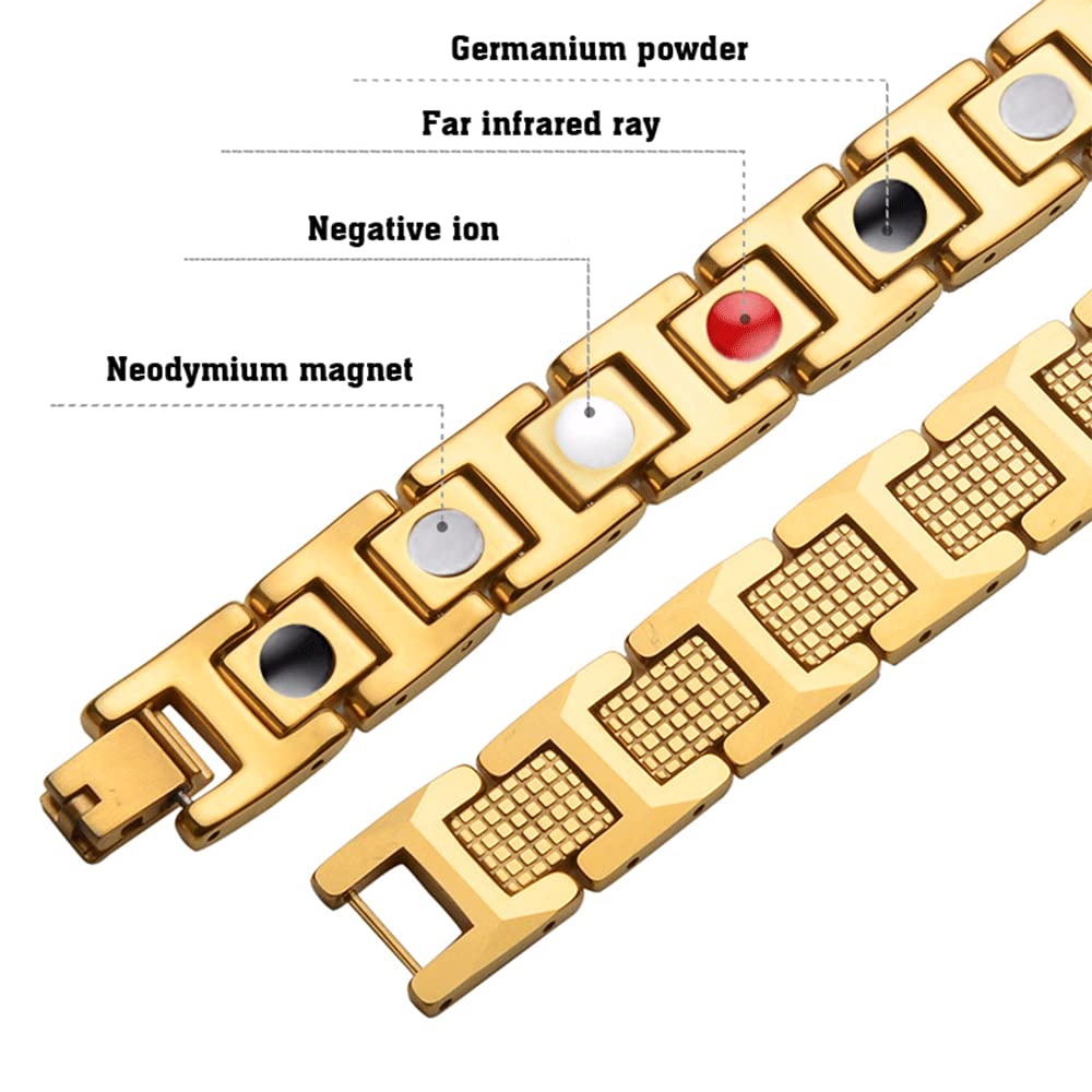 Rockyu ブレスレット メンズ 磁気 ステンレス ブラック シルバー ゴールド ゲルマニウム 幅広 アクセサリー