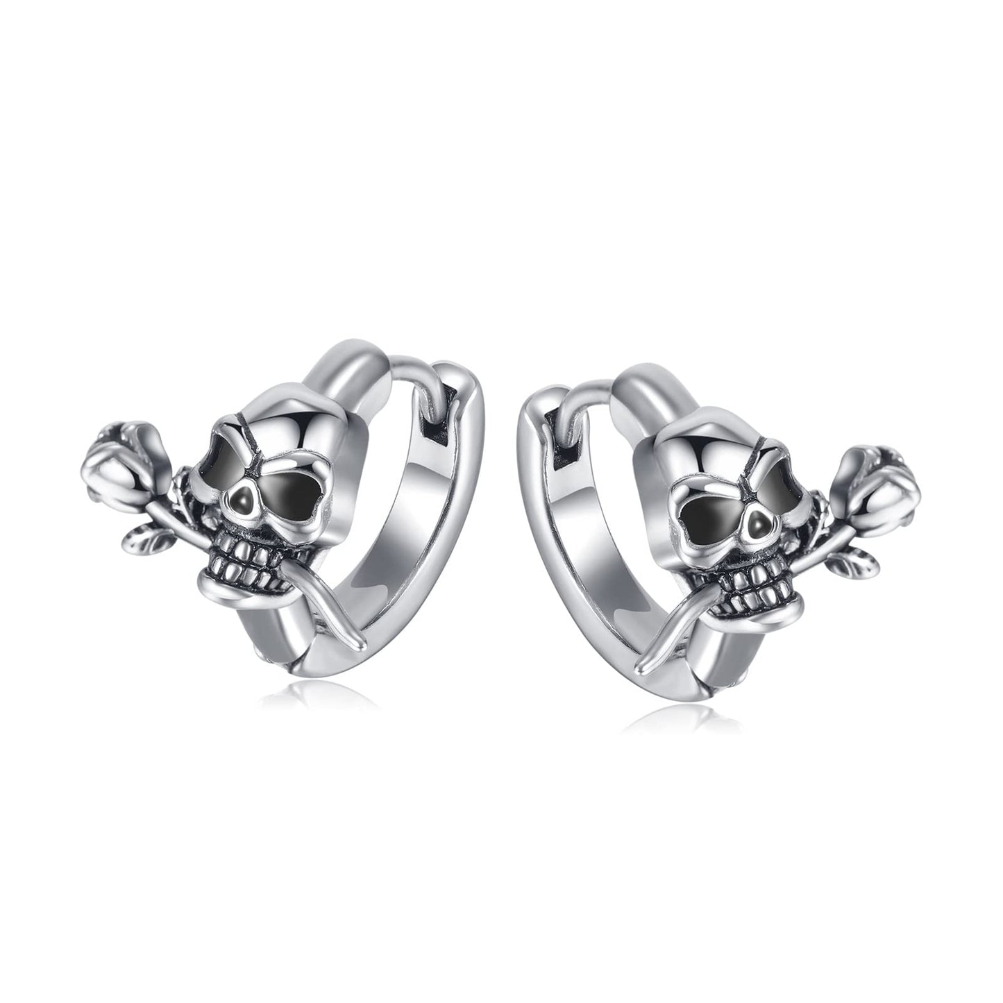 Rockyu 髑髏フープピアス｜ローズをくわえたスカルデザイン ステンレス製 メンズ・レディース