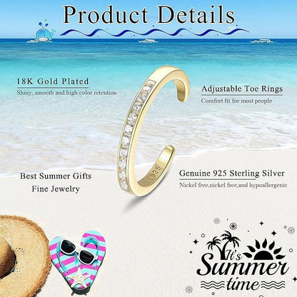 Rockyu トゥーリング レディース つけっぱなし 調整可能 3点セット 18金コーティング CZダイヤ 花 フラワーデザイン サマーアクセサリー