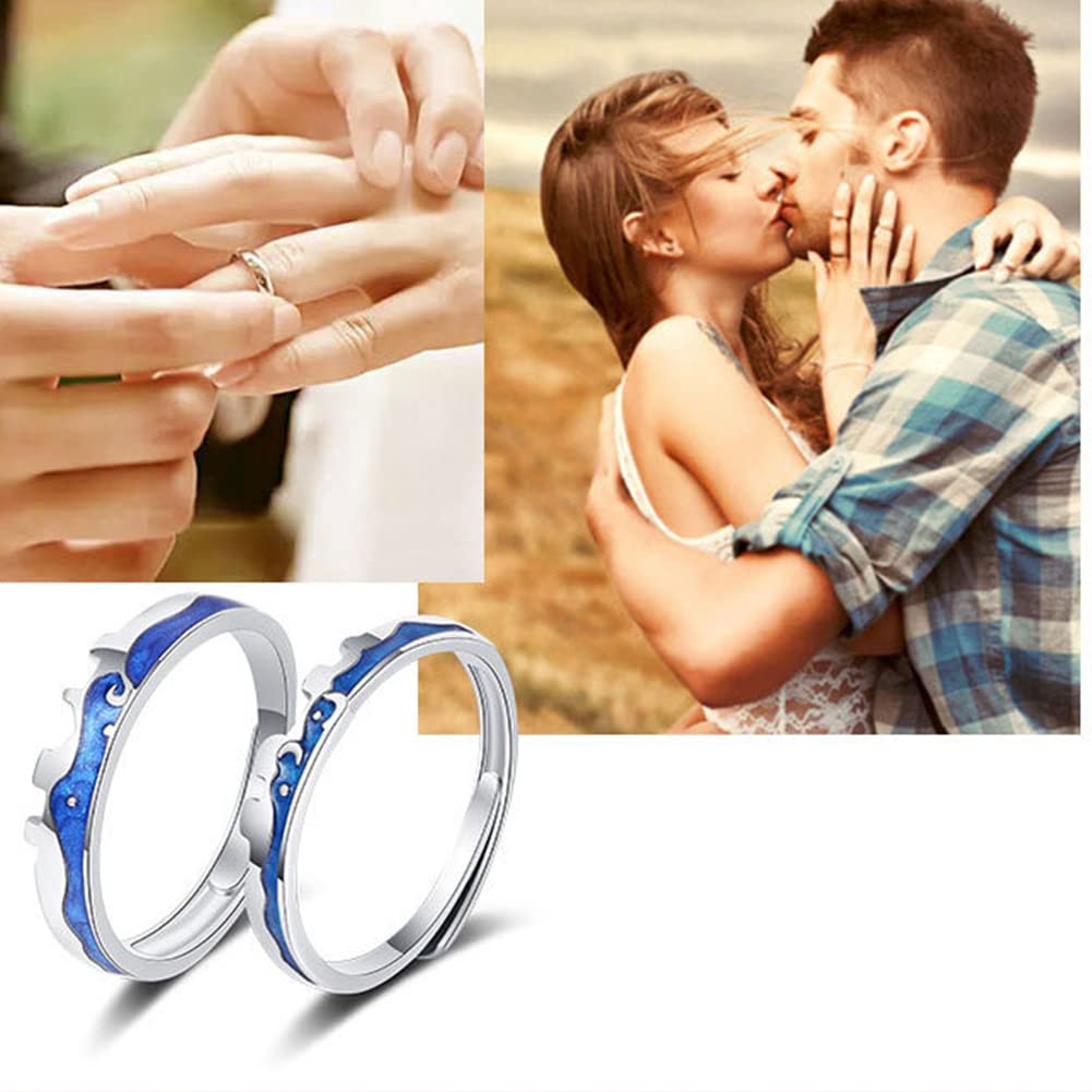 Rockyu ペアリング シルバー925 フリーサイズ 青波デザイン カップル指輪