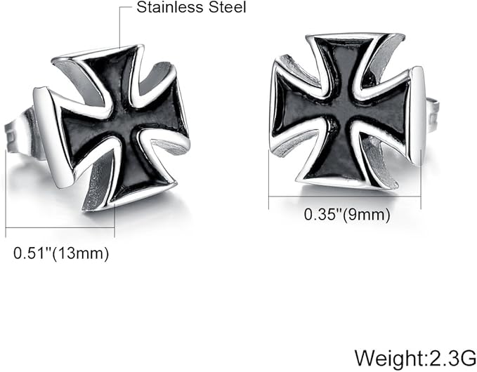 Rockyu 十字架ピアス メンズ｜シルバー×ブラックのクロスデザイン・金属アレルギー対応