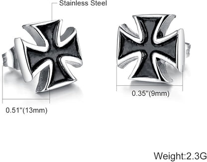 Rockyu 十字架ピアス メンズ｜シルバー×ブラックのクロスデザイン・金属アレルギー対応