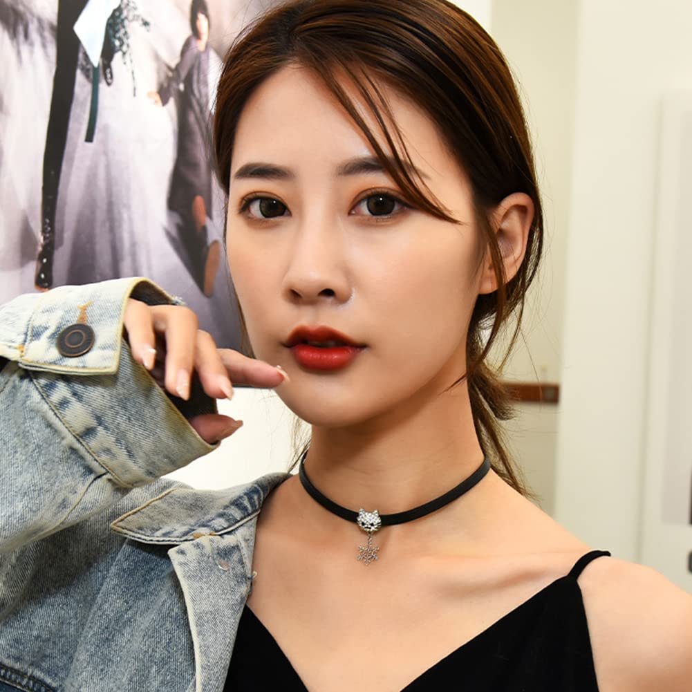 Rockyu チョーカー レディース 黒 レザー 猫 ジルコニア 雪華ペンダント