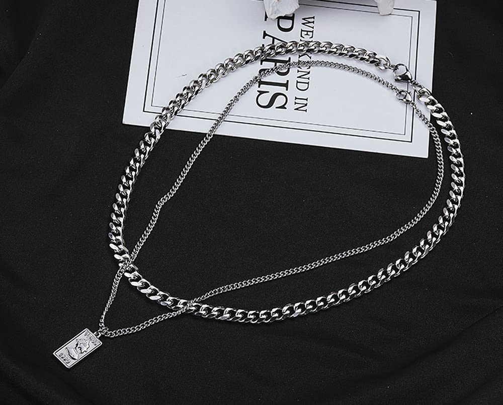 Rockyu メンズネックレス 二連チェーン シルバー ペンダント 喜平チェーンスタイル