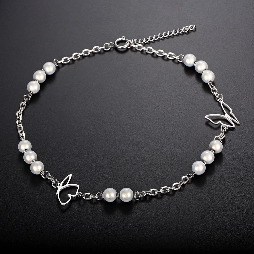 Rockyu ネックレス レディース 蝶々 パール シルバー チェーン 長さ50cm+5cm チタン 金属アレルギー対応 可愛い ブリンブリン アクセサリー