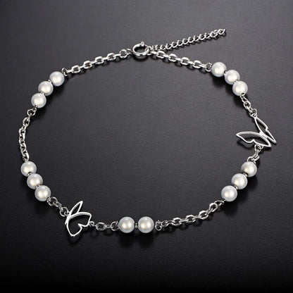 Rockyu ネックレス レディース 蝶々 パール シルバー チェーン 長さ50cm+5cm チタン 金属アレルギー対応 可愛い ブリンブリン アクセサリー