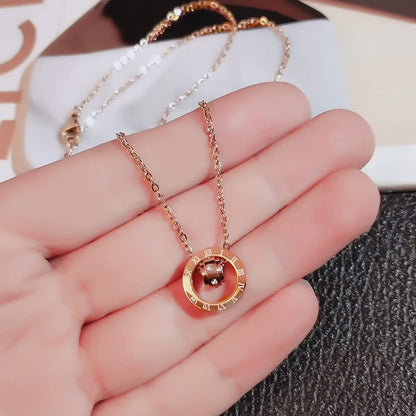 Rockyu ネックレス レディース シンプル ピンクゴールド ジルコニア ローマ数字ネックレス ローマ字刻印 リングペンダント ステンレス あずきチェーン