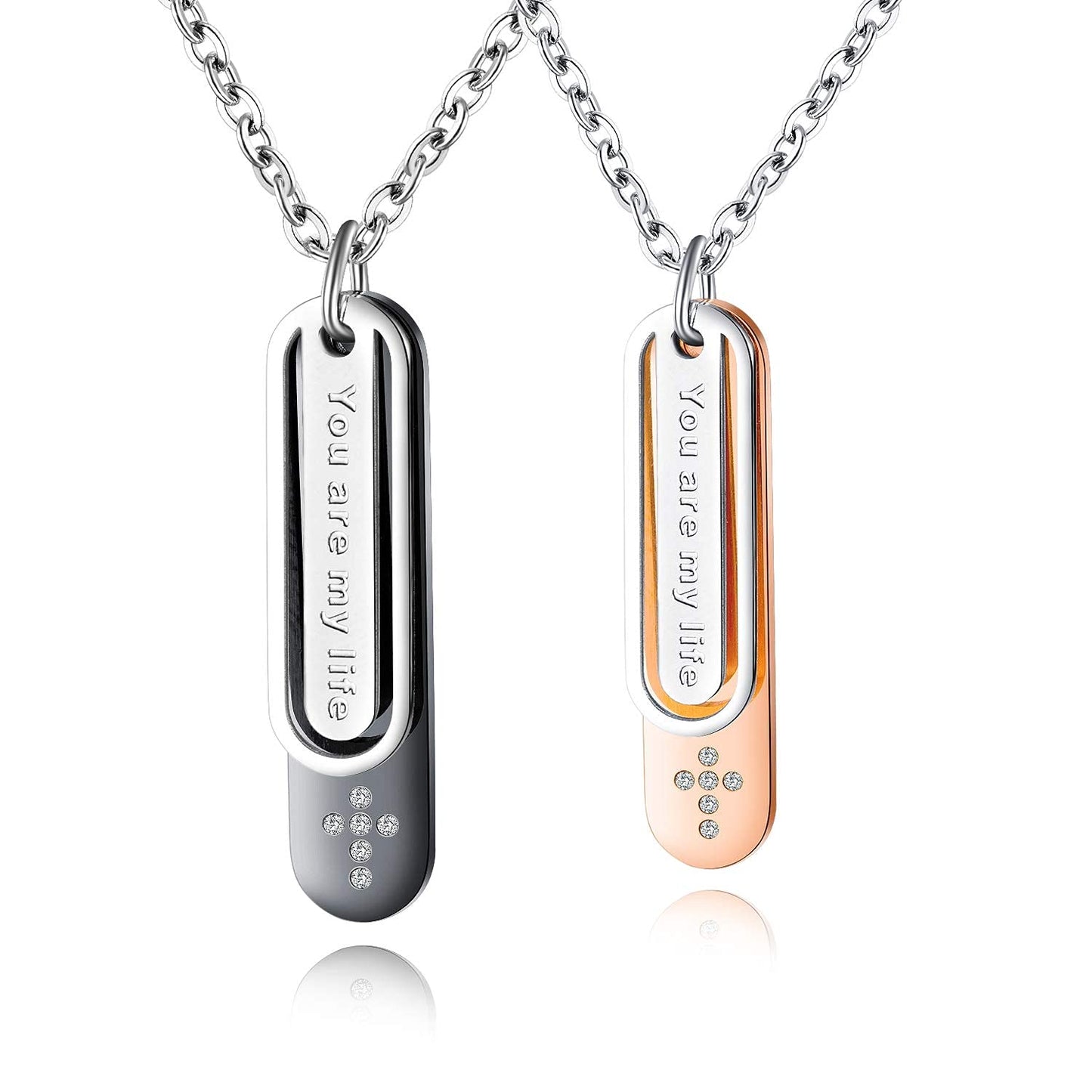 Rockyu ペアネックレス ステンレス＆ローズゴールド “You are my life” ジルコニア刻印入り チェーン付き