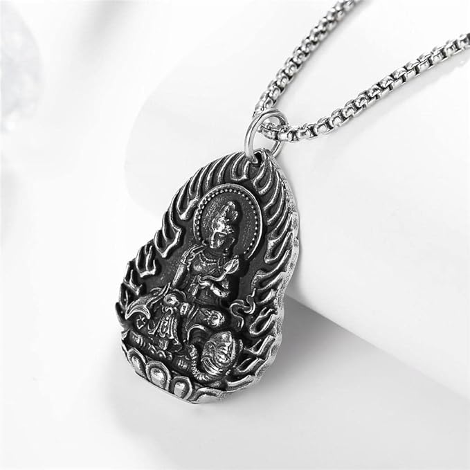 Rockyu 観音菩薩ネックレス メンズ 316Lステンレス製 お守りペンダント シルバー仕上げ