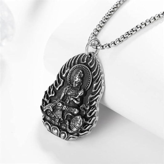 Rockyu 観音菩薩ネックレス メンズ 316Lステンレス製 お守りペンダント シルバー仕上げ