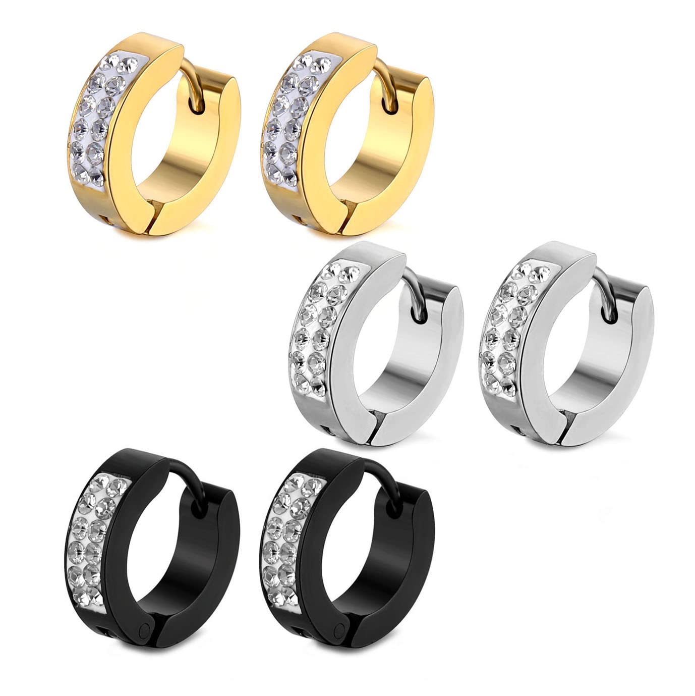 Rockyu メンズ3色リングピアス 多粒ジルコニア チタン製 アレルギー対応 輝きを放つ耳元アクセサリー