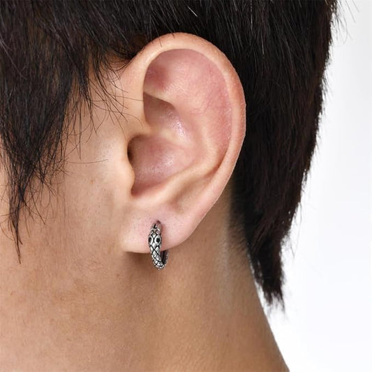 Rockyu ピアス メンズ ステンレス 蛇モチーフ フープ ブラックジルコニア シルバー 片耳用