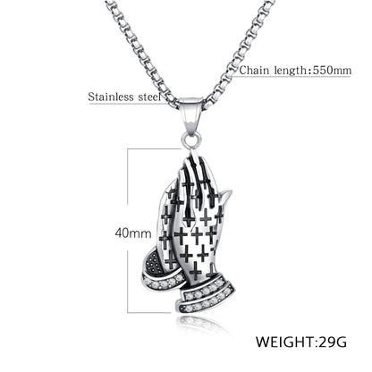 Rockyu 手の祈りネックレス ステンレス製 十字架×刻印入りメンズアクセ