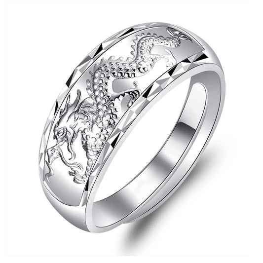 Rockyu 龍鳳彫りリング フリーサイズ 純銀製 シルバー990 メンズ レディース兼用 結婚指輪 伝統