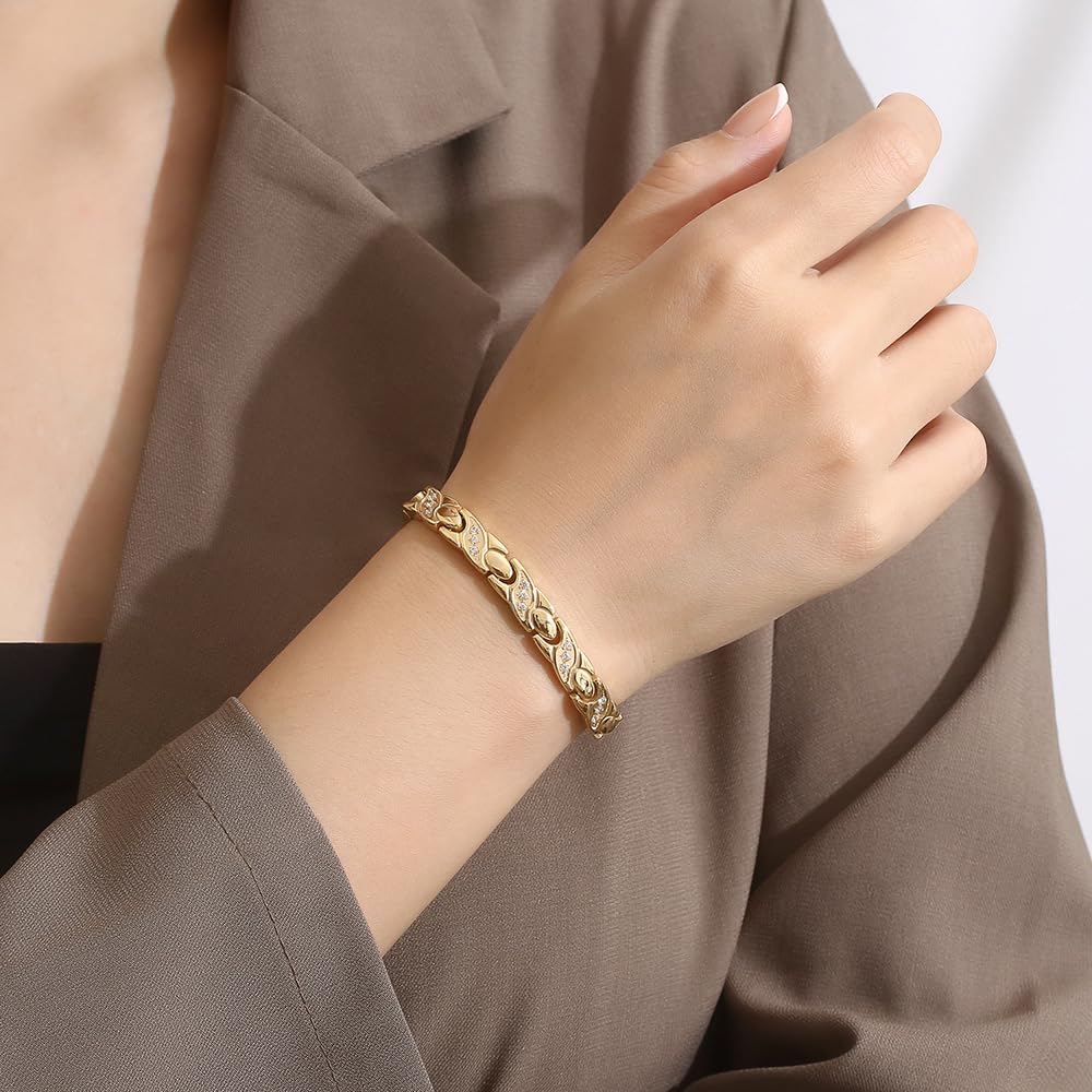 Rockyu チタン磁気ブレスレット レディース ジルコニア付 ゴールド／ピンクゴールド