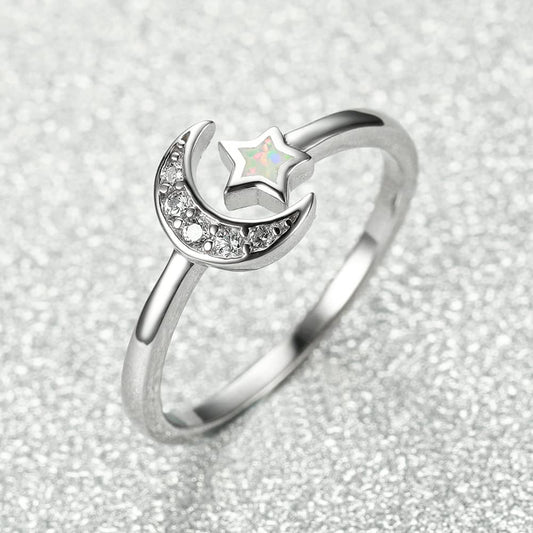 Rockyu 月と星のリング｜オパール風×ジルコニア フリーサイズ プラチナ仕上げ
