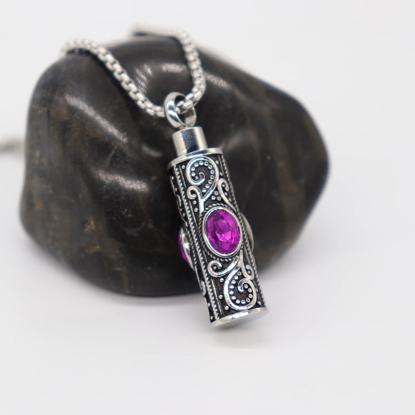 Rockyu ネックレス メンズ ステンレス シルバー 円柱 ジルコニア メモリアルペンダント 手元供養 遺骨ネックレス