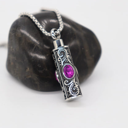 Rockyu ネックレス メンズ ステンレス シルバー 円柱 ジルコニア メモリアルペンダント 手元供養 遺骨ネックレス