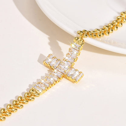 Rockyu レディース ブレスレット ゴールド クロスデザイン ジルコニア 金属アレルギー対応 記念日 プレゼント