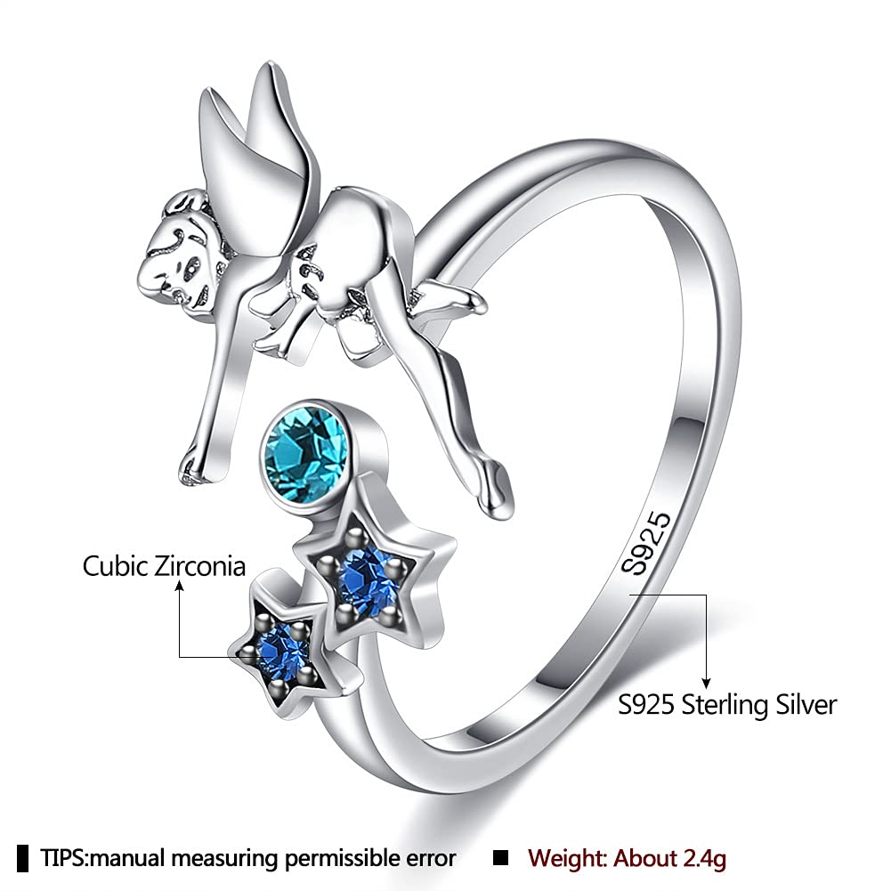 Rockyu 天使と星のブルージルコニアリング S925 シルバー フリーサイズ
