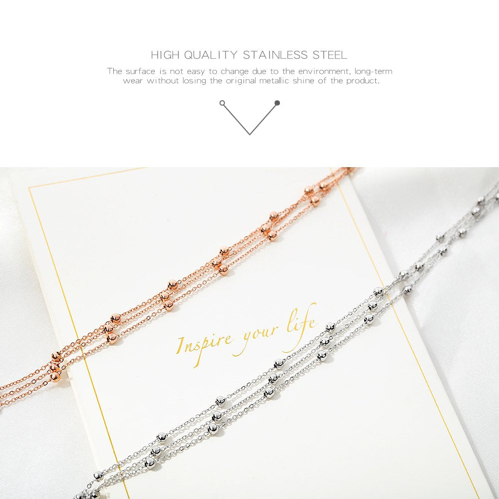 Rockyu アンクレット レディース ステンレス 多層チェーン ビーズ付き ローズゴールド/シルバー/ゴールド 調整可能