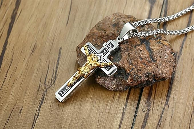 Rockyu ネックレス メンズ 十字架 ゴールド イエス クロスペンダント ステンレス製 宗教モチーフ