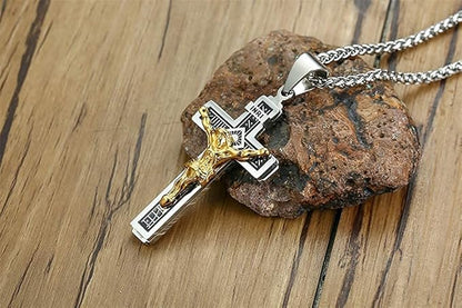 Rockyu ネックレス メンズ 十字架 ゴールド イエス クロスペンダント ステンレス製 宗教モチーフ