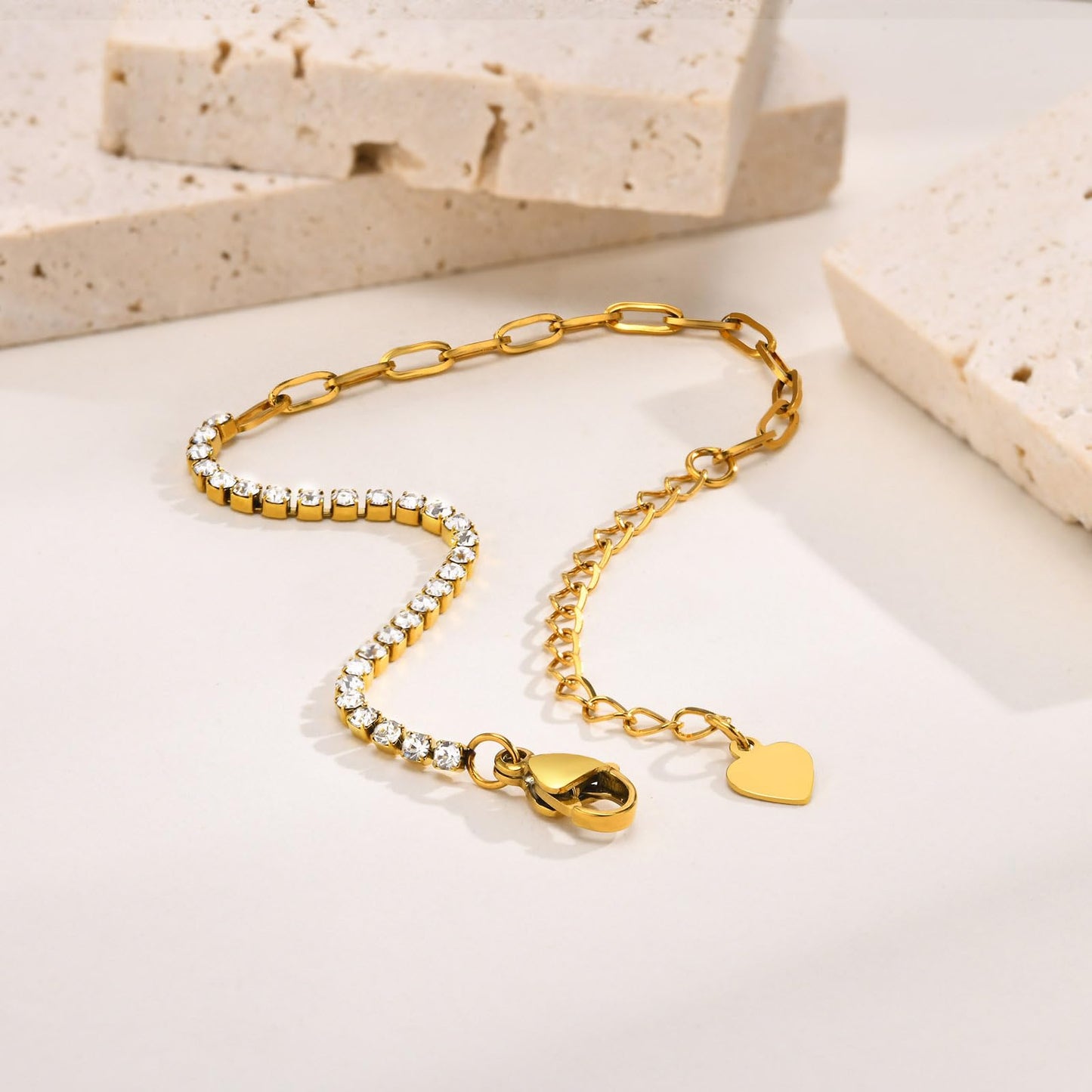 ブレスレット レディース ブランド ゴールド 小方形 正方形 ジルコニアチェーンブレスレット 心形ペンダント ステンレス 金属アレルギー対応 細い おしゃれ 恋人の日 誕生日 プレゼント