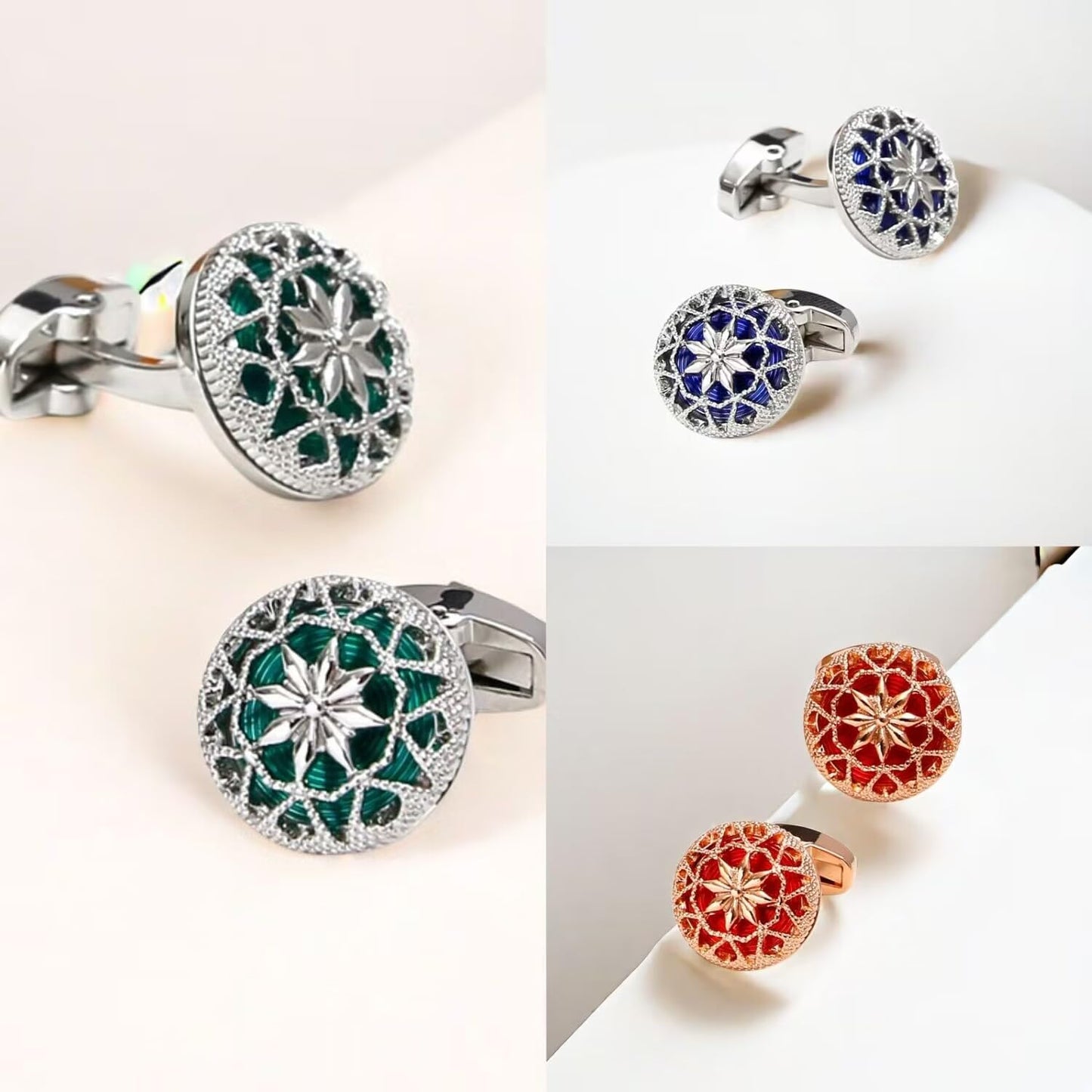 Rockyu カフス シルバーカラーバリエ 花柄透かし彫り ラウンドカフス メンズ ビジネス フォーマル ギフト