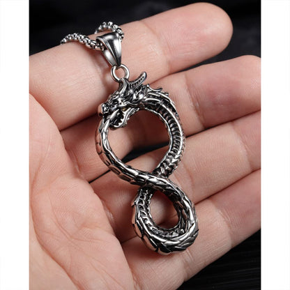 Rockyu ネックレス メンズ シルバー 龍モチーフ 無限大ペンダント ステンレス製 金属アレルギー対応 チェーン55cm