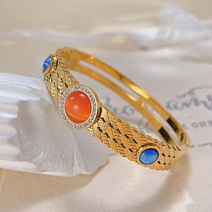 Rockyu レディース バングル ゴールド・シルバー 天然石＆ジルコニア付き ステンレス 金属アレルギー対応 高級感