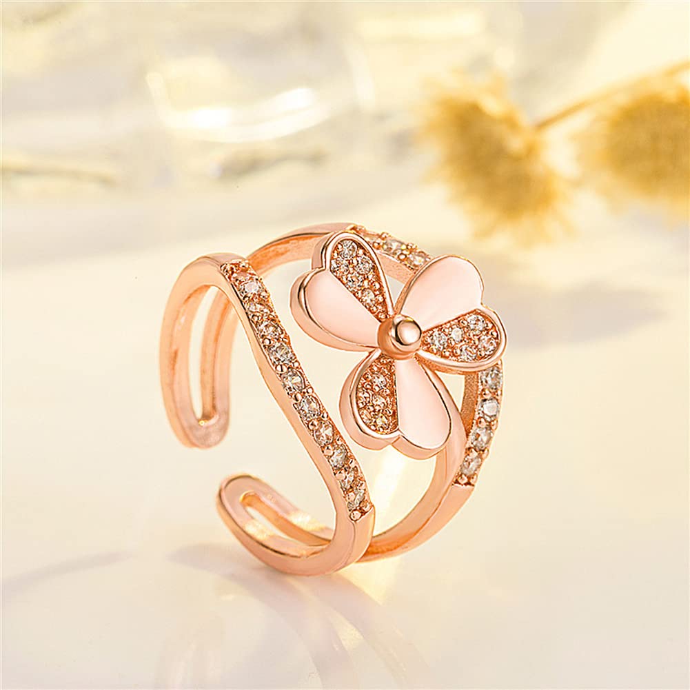 Rockyu 三つ葉モチーフリング｜19K仕上げ×ジルコニア フリーサイズ レディース指輪