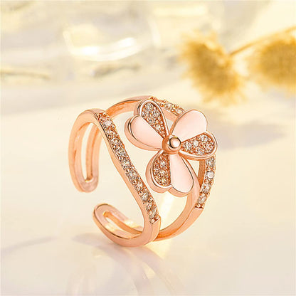 Rockyu 三つ葉モチーフリング｜19K仕上げ×ジルコニア フリーサイズ レディース指輪