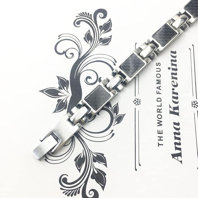 Rockyu ブレスレット メンズ ステンレス シルバー ブラック カーボン調 幅広チェーン モダンデザイン