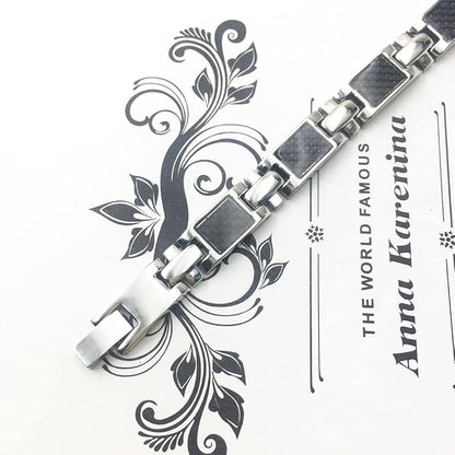 Rockyu ブレスレット メンズ ステンレス シルバー ブラック カーボン調 幅広チェーン モダンデザイン