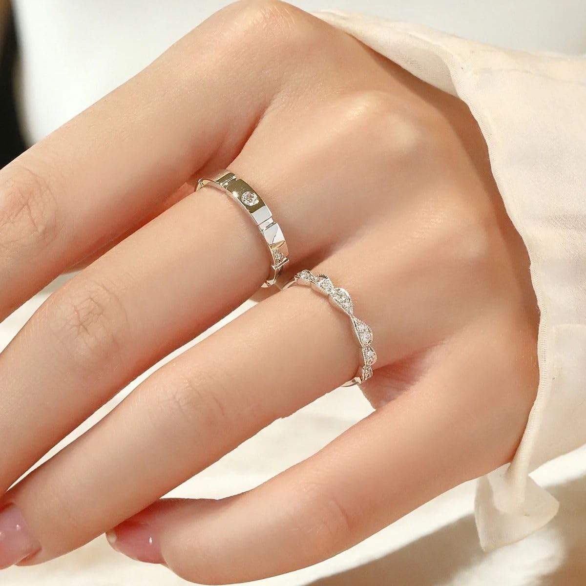 Rockyu ペアリング カップル シルバー925 フリーサイズ ジルコニア入り 指輪セット