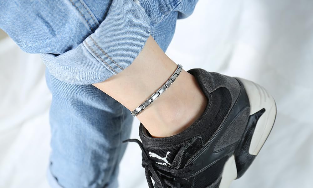 Rockyu ステンレス磁気ブレスレット＆アンクレット ペア対応 シルバーマット仕上げ