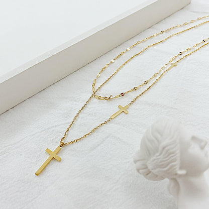 Rockyu クロスネックレス レディース 二連 チタン鋼 ゴールド チョーカースタイル