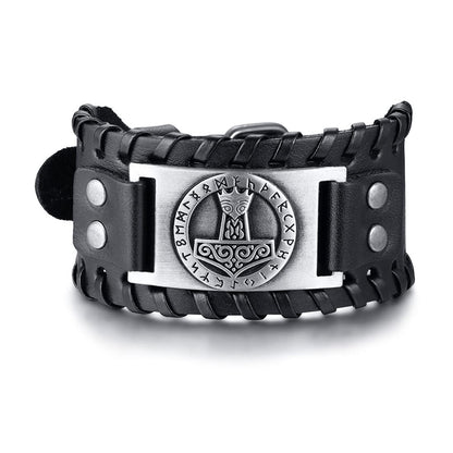 Rockyu ブレスレット メンズ レザー 幅広 ヴァイキング 雷神ハンマー記号 プレート ブラック＆ブラウン