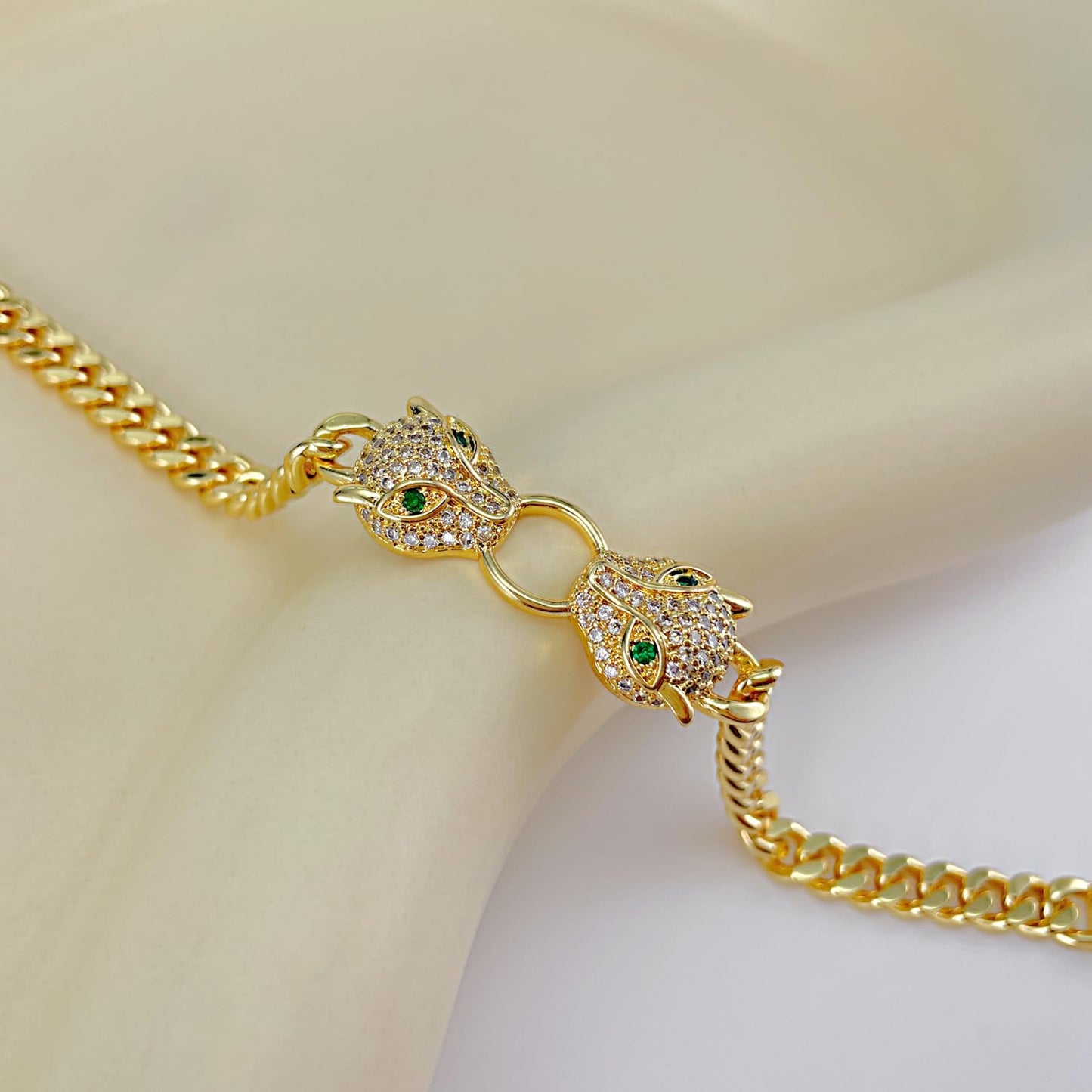 Rockyu ヒョウヘッド ゴールドブレスレット 喜平チェーン レディース