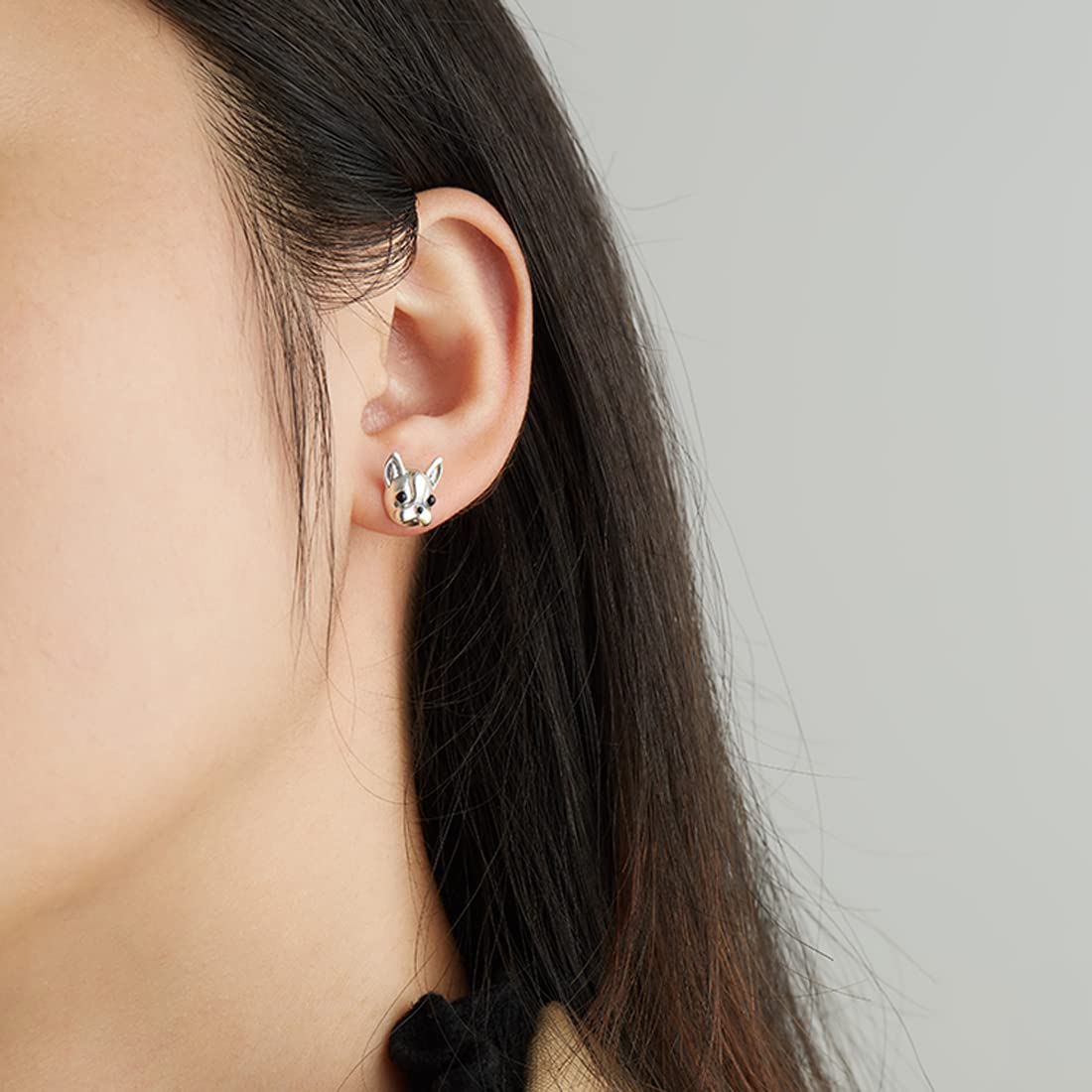 Rockyu ピアス レディース シルバー925 犬モチーフ スタッド シルバー&ブラック アレルギー対応