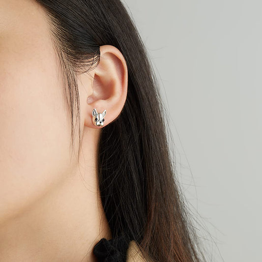 Rockyu ピアス レディース シルバー925 犬モチーフ スタッド シルバー&ブラック アレルギー対応