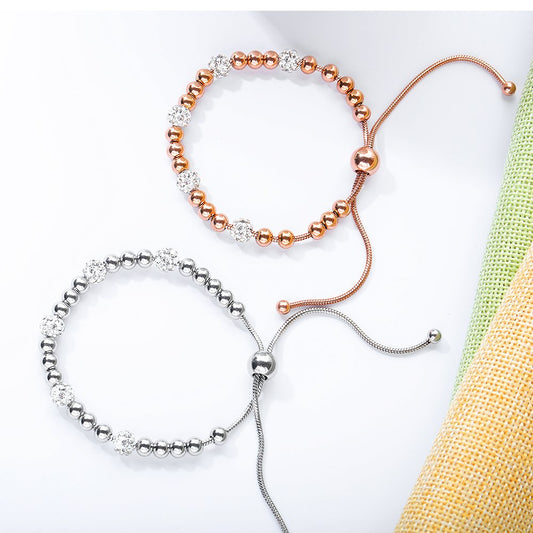 Rockyu ビーズブレスレット レディース｜ジルコニア輝く ステンレスチェーン アクセ