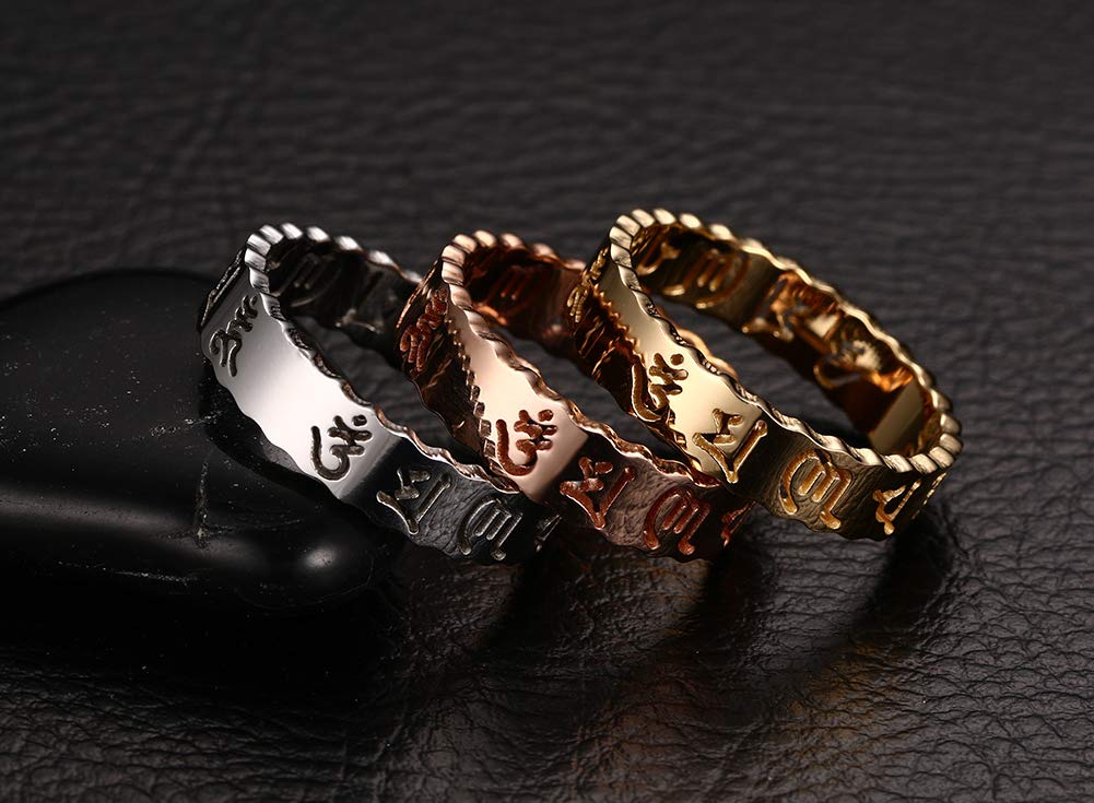 Rockyu ステンレス メンズリング 般若心経刻印 仏教モチーフ お守りデザイン シルバー ゴールド ローズゴールド