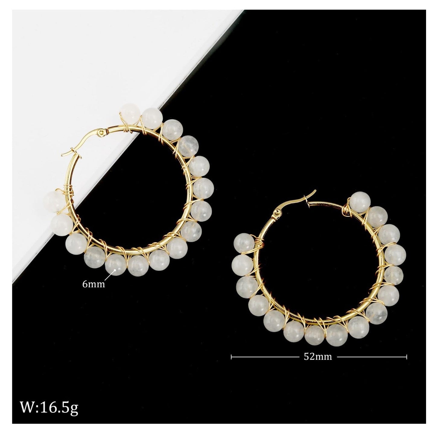 Rockyu フープピアス レディース 天然石 ターコイズ ホワイトムーンストーン ゴールド ワイヤーラップ 大ぶりピアス ギフト 誕生日 クリスマス