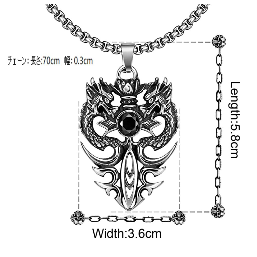 【双龍の守護】ステンレスペンダントネックレス｜ブラック＆レッドストーン メンズアクセ