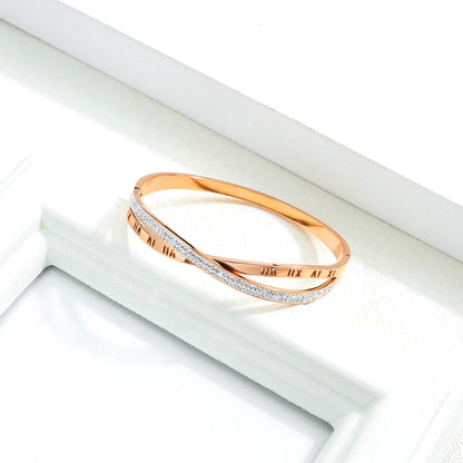 Rockyu ブレスレット レディース ピンクゴールド バングル ジルコニア 交差デザイン ローマ数字入り