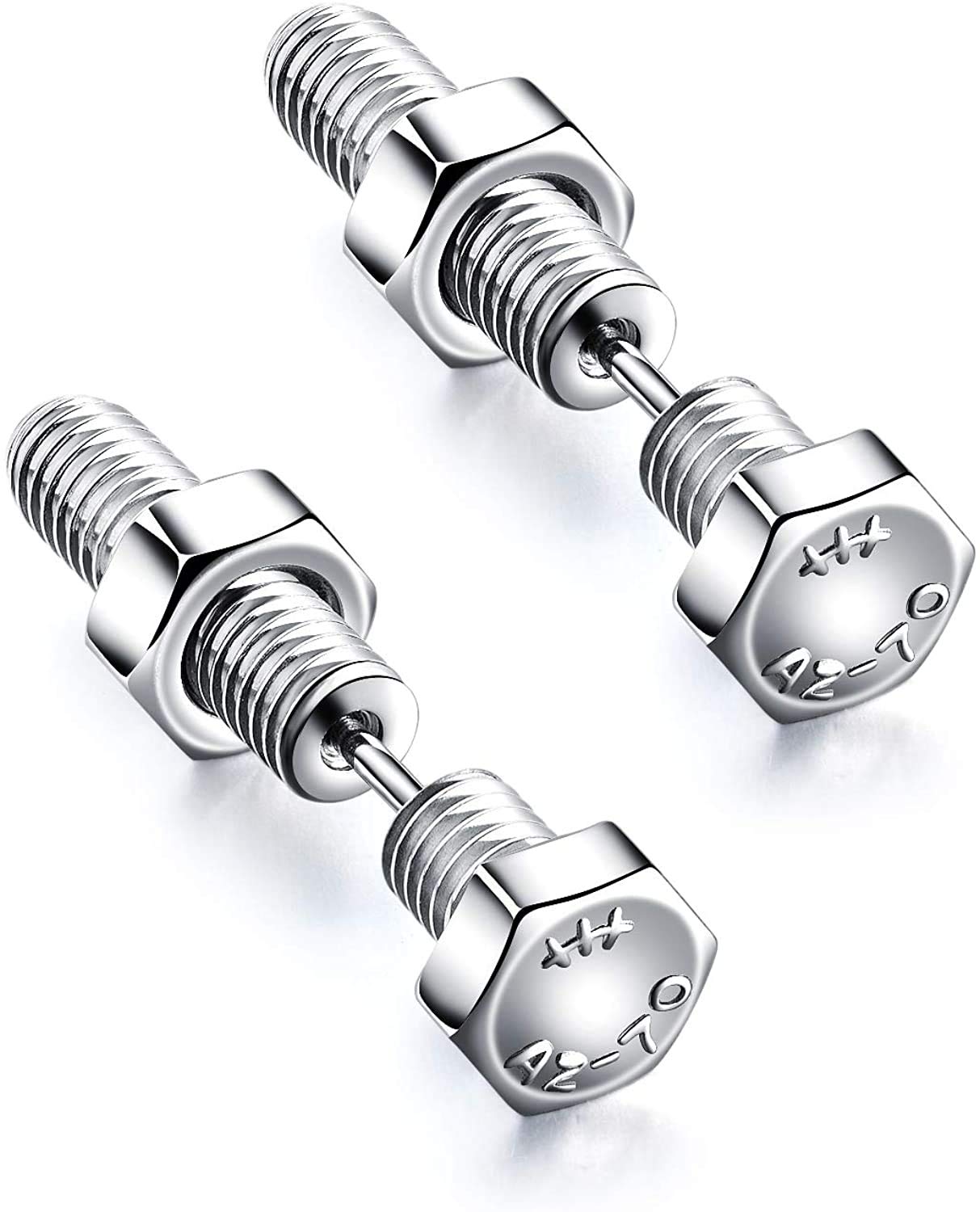 Rockyu ネジ型スタッドピアス メンズ チタン製 ブラック＆シルバー 金属アレルギー対応 スクリューデザイン