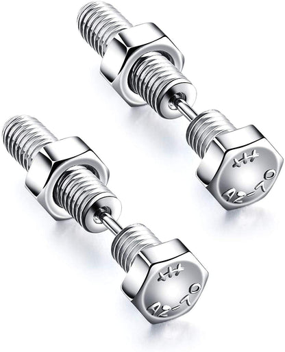 Rockyu ネジ型スタッドピアス メンズ チタン製 ブラック＆シルバー 金属アレルギー対応 スクリューデザイン