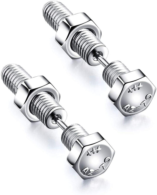 Rockyu ネジ型スタッドピアス メンズ チタン製 ブラック＆シルバー 金属アレルギー対応 スクリューデザイン